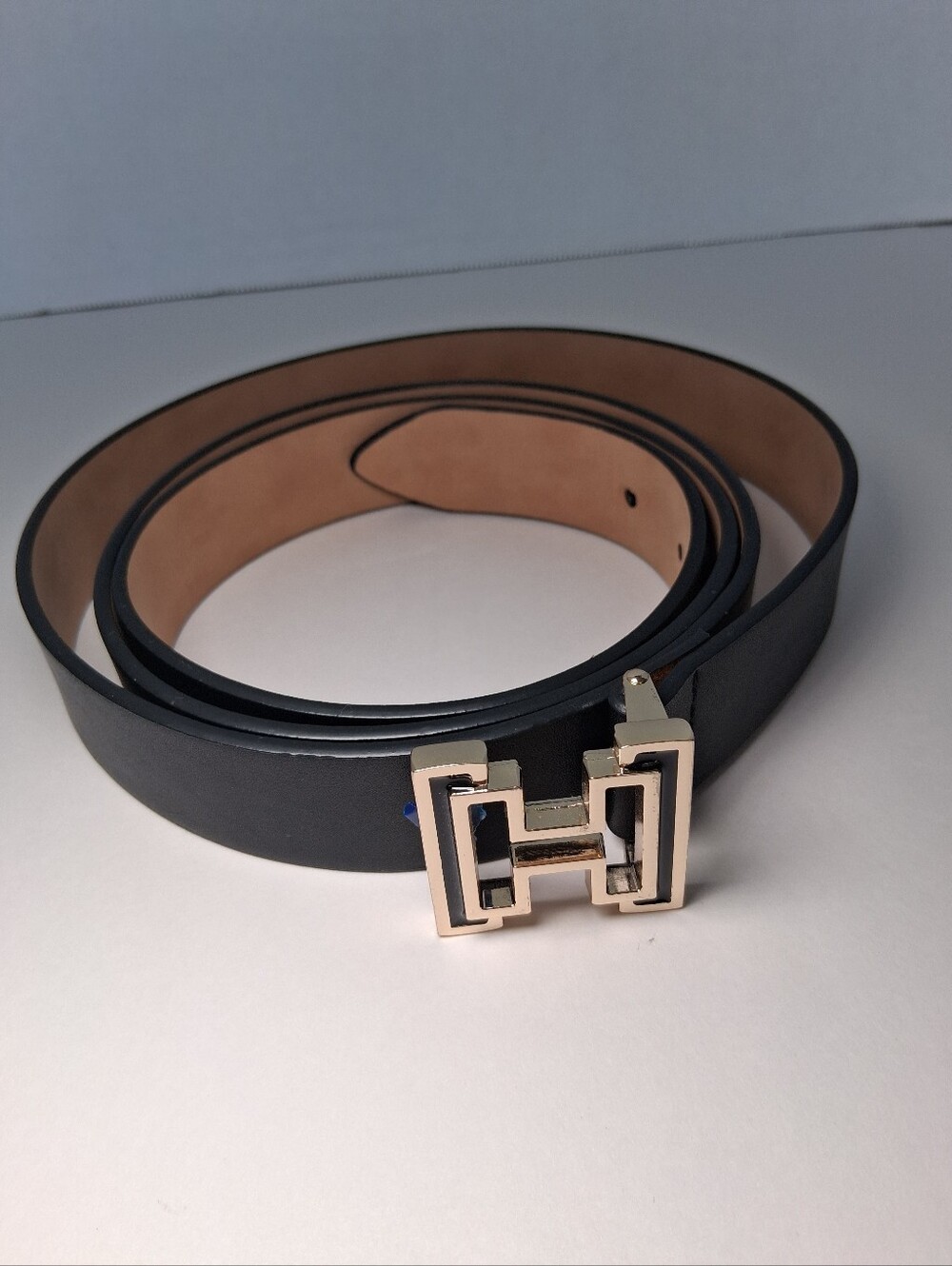 Tommy Hilfiger Black Leather Belt with Gold H Buckle